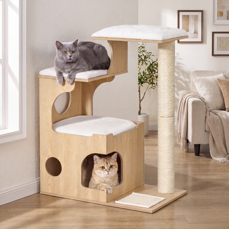 FEANDREA Kratzbaum 86 cm mit Höhle, Säule und Sisal-Kratzmatte, waschbare Plüschkissen