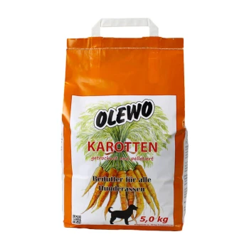 Karotten Pellets für Hunde 5 kg Orange Tasche mit Olewo getrockneten und pelletierten Karotten für Hunde, mit der Aufschrift 'Beifutter für alle Hunderassen,' 5,0 kg.