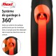 Laisse rétractable pour chien Flexi avec un système de guidage à 360°, avec une poignée orange vif et une sangle rouge, mettant en avant sa fonctionnalité.