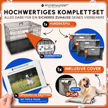 Schwarzer Metall-Haustierkäfig mit einem Maßstab oben drauf, auf Gras platziert, daneben ein gefalteter, plastiküberzogener Gegenstand.