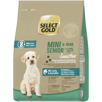 Select Gold Mini Senior Sensitive Hundefutter für Hunde 5-10 kg, 8+ Jahre, mit Lachs & Kartoffel, getreidefreie Formel.