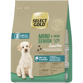 Select Gold Mini Senior Sensitive Hundefutter für Hunde 5-10 kg, 8+ Jahre, mit Lachs & Kartoffel, getreidefreie Formel.