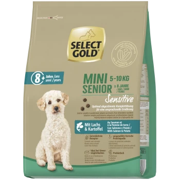 Select Gold Mini Senior Sensitive Hundefutter für Hunde 5-10 kg, 8+ Jahre, mit Lachs & Kartoffel, getreidefreie Formel.