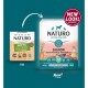 Two Naturo dog food packages labeled "Old" and "New!" The new one highlights salmon, potato, veggies, and nutritional claims.