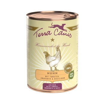 Eine Dose Terra Canis Hundefutter mit einer Hühnerillustration, beschriftet mit "Huhn mit Tomaten, Amaranth & Basilikum" und "Chicken with Tomato."