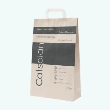"Catsplan" pflanzliche Katzenstreu-Tüte mit Zutaten-Icons auf grünem Hintergrund.