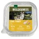 Emballage de nourriture humide pour chien avec un loup, étiqueté "WILDERNESS ADULT PURE TURKEY," contenant 95 % de dinde, du bouillon et 5 % de légumes.