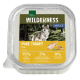Verpackung für Nassfutter für Hunde mit einem Wolf, beschriftet mit "WILDERNESS ADULT PURE TURKEY", mit 95 % Truthahn, Brühe und 5 % Gemüse.