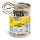 Dosenfutter für Katzen mit der Aufschrift "DOGS'n TIGER" in der Geschmacksrichtung "FREIGEIST" mit Huhn und Lachs, 70% Fleischanteil und einem Qualitätssiegel.