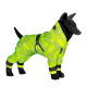 Ein schwarzes Hundemanikin, das einen hellgrünen Regenmantel mit Tennisballmuster trägt, mit verstellbaren Riemen und einer Kapuze.