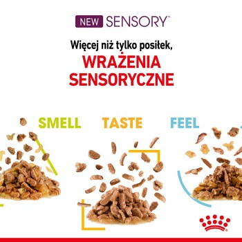 Opakowanie karmy dla zwierząt z napisem "NOWE SENSORY" i "Więcej niż tylko posiłek" obok ikon "ZAPACH", "SMAK" i "ODCZUCIE."