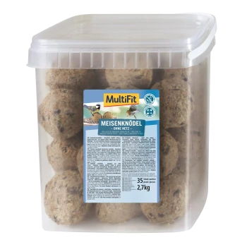 Behälter mit MultiFit Meisenknödel (Schmalzknödel ohne Netz) mit 35 Stück, wiegend 2,7 kg, mit einem detaillierten Etikett.