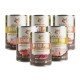 Sechs Wildfang-Dosen Hundefutter (Pferd Pur, Lamm, Huhn Pur) mit B.A.R.F.-Qualitätsetiketten und Fleischabbildungen.