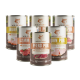 Sechs Wildfang-Dosen Hundefutter (Pferd Pur, Lamm, Huhn Pur) mit B.A.R.F.-Qualitätsetiketten und Fleischabbildungen.