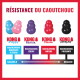 Infographie 'RÉSISTANCE DU CAOUTCHOUC' : KONG Puppy, Senior, Classic, Extreme sur une échelle 'SOUPLE → RIGIDE', indications du niveau de mastication