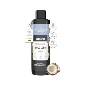 Flasche des Alphazoo Coco Loco Kokosnuss-Shampoos für Hunde und Katzen mit einer halbierten Kokosnuss daneben.
