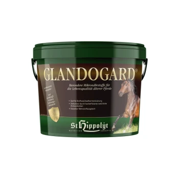 Grüner Eimer mit der Aufschrift 'GLANDOGARD' und einem Pferdebild, mit Text über Mikronährstoffe für ältere Pferde und Vorteilen wie Stoffwechselunterstützung.