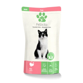 Verpackung für Katzenfutter mit einer schwarz-weißen Katze, beschriftet mit "Fellicita," auf Truthahn basierend, für Erwachsene geeignet und fördert hochwertige Ernährung.