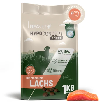Reavet+ Hypoconcept Adult Hundefutterbeutel 'Mit frischem Lachs' 1 kg, grün-beige Verpackung mit Lachsstück und Kroketten abgebildet.