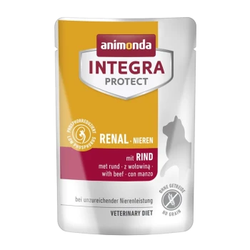 Animonda Integra Protect Renal Hundefutterbeutel in Gelb und Rot, beschriftet mit "mit RIND" und "niedriger Phosphor" für die Nierengesundheit.
