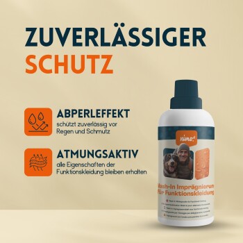 Flasche mit Wasch-Imprägnierung für Funktionskleidung, mit Text über Wasserabweisung und Atmungsaktivität, sowie Symbolen für Schutz.