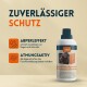 Flasche mit Wasch-Imprägnierung für Funktionskleidung, mit Text über Wasserabweisung und Atmungsaktivität, sowie Symbolen für Schutz.