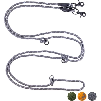 Graue geflochtene Hundeleine mit zwei Clips, mit Knoten für eine verstellbare Länge und drei Farbmustern: grün, orange und grau.
