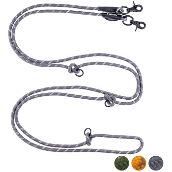Graue geflochtene Hundeleine mit zwei Clips, mit Knoten für eine verstellbare Länge und drei Farbmustern: grün, orange und grau.