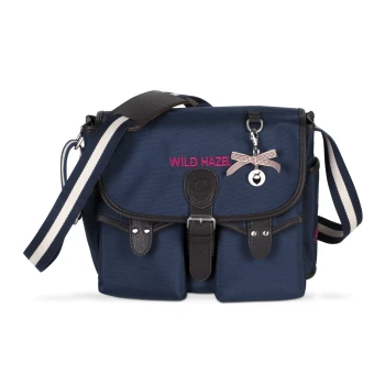 Marineblaue Haustiertragetasche mit braunen Lederelementen, mit 'WILD HAZEL' in pinker Schrift und einem dekorativen Schleifenanhänger.