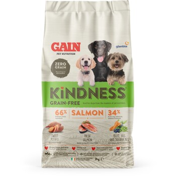 Gain Kindness Grain-Free dog food bag with two dogs and a puppy. Contains 66% salmon and 34% fruits, veggies, and botanicals.