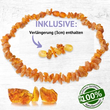 Bernstein-Haustierhalsband mit einer 3 cm langen Verlängerung, mit einem grünen Siegel, das "100% Naturbernstein" und eine Echtheitszertifizierung zeigt.