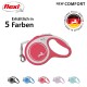 Eine pinke flexi ausziehbare Hundeleine mit der Aufschrift "NEUER KOMFORT", erhältlich in 5 Farben, mit einem Logo und einem Qualitätssiegel mit der Aufschrift "MADE IN GERMANY."
