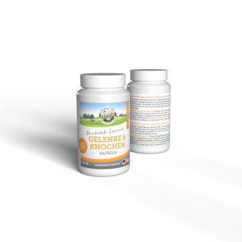 Flasche mit BELFOR Gelenke & Knochen Kapseln zur Unterstützung von Gelenken und Knochen, mit einem bunten Etikett mit Produktdetails auf Deutsch.