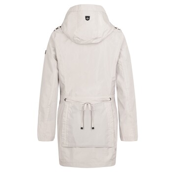 Eine hellgraue Haustierjacke mit Kapuze, Kordelzug in der Taille und einer großen Rückentasche, von hinten gezeigt.