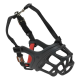 Black dog muzzle with a mesh design and adjustable straps, featuring a red accent and a metal clip for secure fastening.