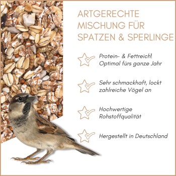 Nahaufnahme von gemischtem Vogelfutter mit sichtbaren Mehlwürmern und verschiedenen Samen und Körnern.