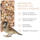 Nahaufnahme von gemischtem Vogelfutter mit sichtbaren Mehlwürmern und verschiedenen Samen und Körnern.