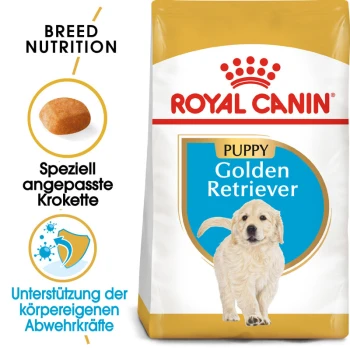 Royal Canin Puppy Golden Retriever Hundefutterbeutel, mit einem Bild von Kroketten, Text auf Deutsch über maßgeschneiderte Kroketten und Immunsupport.