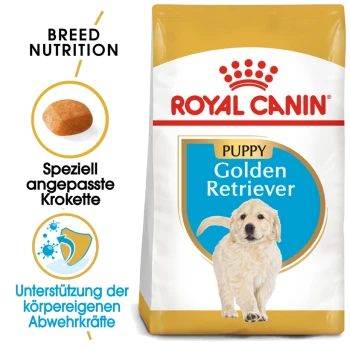 Royal Canin Puppy Golden Retriever Hundefutterbeutel, mit einem Bild von Kroketten, Text auf Deutsch über maßgeschneiderte Kroketten und Immunsupport.