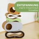 Bunte Katzenkratzbäume in verschiedenen Formen, mit einer grünen Box, die "ENTSPANNUNG sorgt für Entspannung & Stressabbau" anzeigt.