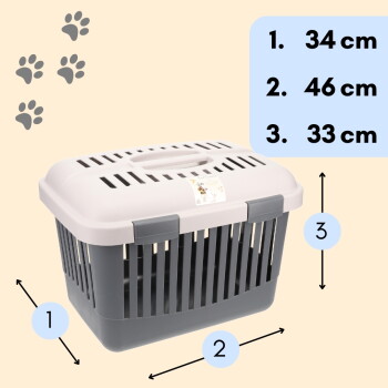 Grau-beige Kunststoff-Transportbox mit Griff und geschlitzten Seiten, Pfotenmuster-Hintergrund; sichtbarer Text: 1. 34 cm 2. 46 cm 3. 33 cm