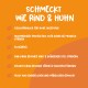 Oranger Hintergrund mit weißem Text: "Schmeckt wie Rind & Huhn", plus Aufzählungspunkte zu Vorteilen wie glutenfrei, hoher Proteinanteil und gesunde Haut.