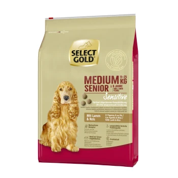 Sensitive Senior Medium Lamm und Reis 4 kg Select Gold Medium Senior Hundefutterbeutel, 11-25 kg, für Hunde über 8 Jahre. Enthält die "Sensitive"-Formel mit Lamm und Reis.