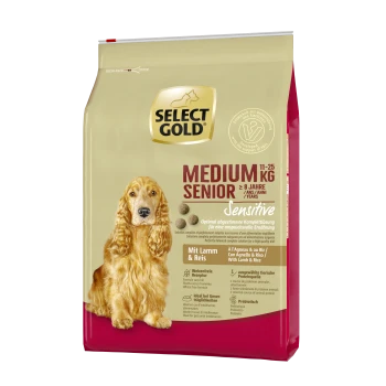 Select Gold Medium Senior Hundefutterbeutel, 11-25 kg, für Hunde über 8 Jahre. Enthält die "Sensitive"-Formel mit Lamm und Reis.