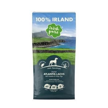 Hundefutterbeutel mit der Marke "Irish Pure", beschriftet mit "100% Irland", mit Atlantischem Lachs, Gemüse und Algen. Hypoallergene Formel für Erwachsene.
