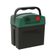 Eine grün-schwarze tragbare Batteriebox mit einem Griff, die rote und schwarze Anschlüsse oben hat.