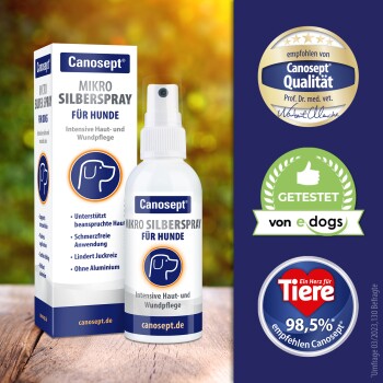 Canosept Mikro Silberspray für Hunde, intensives Haut- und Wundpflegespray mit deutschem Text und Qualitätssiegeln.