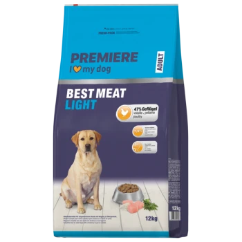 Nourriture pour chien Premiere I love my dog Adult Best Meat Light 47 % volaille 7,5 % matières grasses 12 kg avec chien, bol, viande et herbes sur l'emballage.