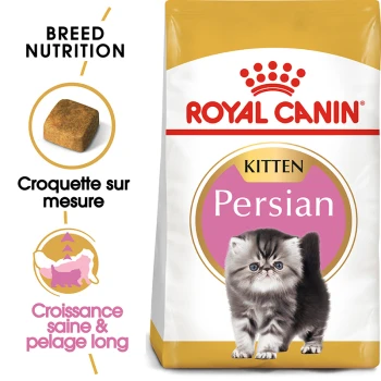 Sac de nourriture pour chatons persans Royal Canin avec un chaton duveteux, soulignant la nutrition pour une croissance saine et un pelage long.
