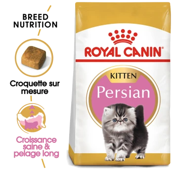Sac de nourriture pour chatons persans Royal Canin avec un chaton duveteux, soulignant la nutrition pour une croissance saine et un pelage long.
